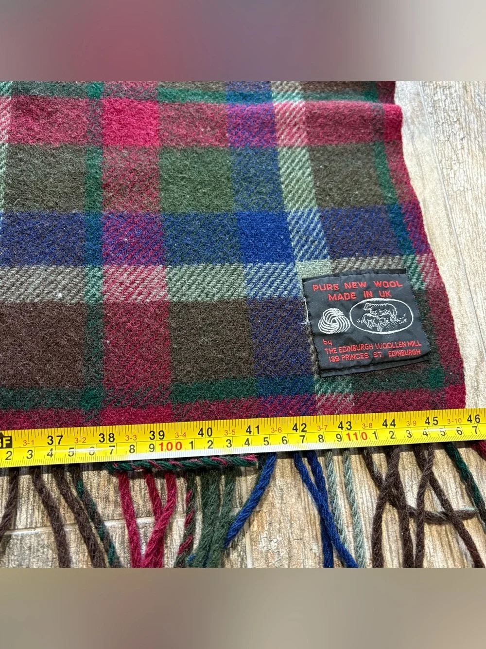 Vtg 100% Pure New Wool Plaid Blanket Red Navy Green Brown 46x48” Fringe Made UK